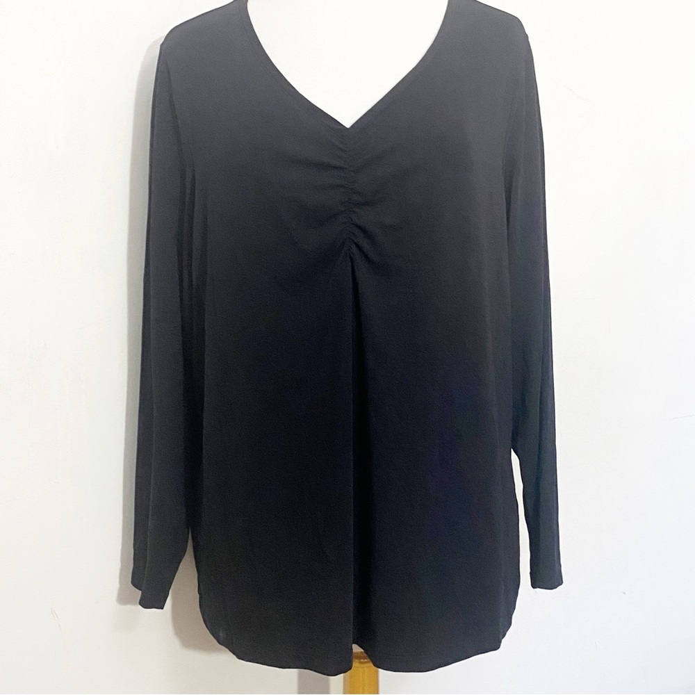Susan Graver Weekend Black Ruched V-Neck Long Sleeve Cotton Blend Tee 1X